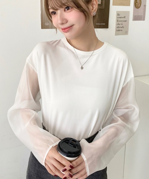 moment+(モーメントプラス)の「シアースリーブロングTシャツ(Tシャツ/カットソー・レディース・オフホワイト/ブラック・M/L)」の18枚目の写真