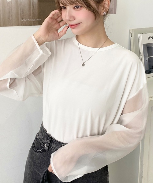 moment+(モーメントプラス)の「シアースリーブロングTシャツ(Tシャツ/カットソー・レディース・オフホワイト/ブラック・M/L)」の15枚目の写真
