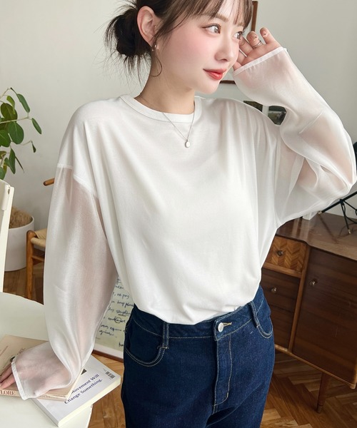 moment+(モーメントプラス)の「シアースリーブロングTシャツ(Tシャツ/カットソー・レディース・オフホワイト/ブラック・M/L)」の22枚目の写真