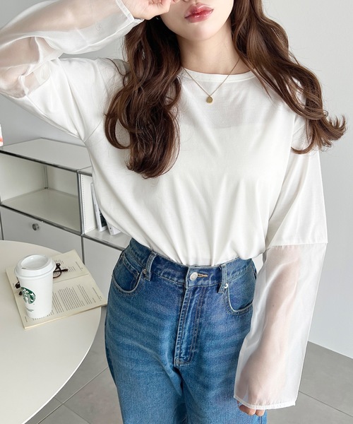 moment+(モーメントプラス)の「シアースリーブロングTシャツ(Tシャツ/カットソー・レディース・オフホワイト/ブラック・M/L)」の4枚目の写真