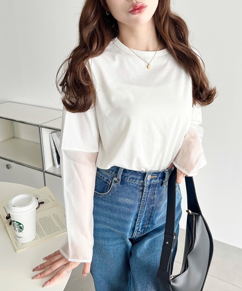 moment+(モーメントプラス)の「シアースリーブロングTシャツ(Tシャツ/カットソー・レディース・オフホワイト/ブラック・M/L)」の5枚目の写真
