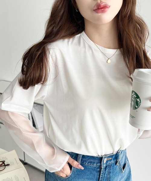 moment+(モーメントプラス)の「シアースリーブロングTシャツ(Tシャツ/カットソー・レディース・オフホワイト/ブラック・M/L)」の3枚目の写真