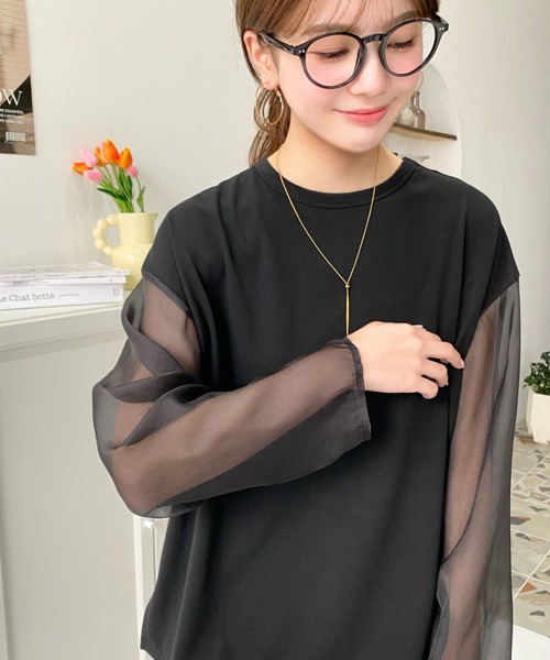 moment+(モーメントプラス)の「シアースリーブロングTシャツ(Tシャツ/カットソー・レディース・オフホワイト/ブラック・M/L)」の5枚目の写真