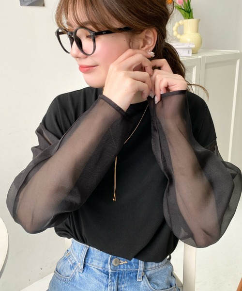 moment+(モーメントプラス)の「シアースリーブロングTシャツ(Tシャツ/カットソー・レディース・オフホワイト/ブラック・M/L)」の3枚目の写真