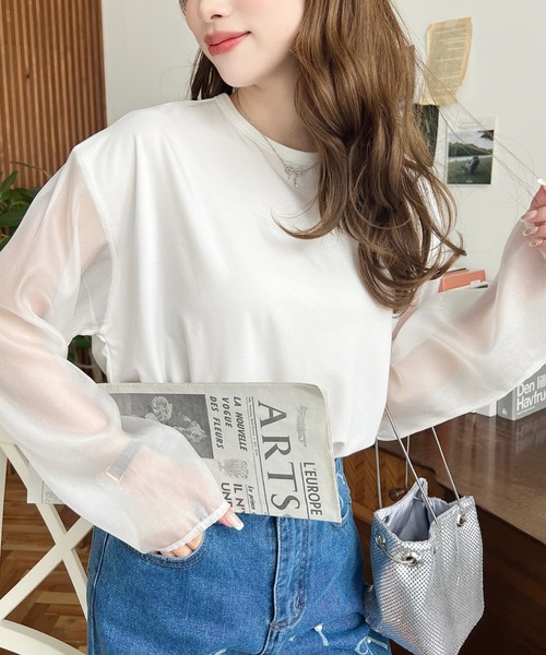 moment+(モーメントプラス)の「シアースリーブロングTシャツ(Tシャツ/カットソー・レディース・オフホワイト/ブラック・M/L)」の9枚目の写真