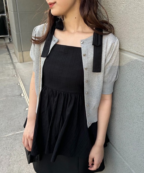 one after another NICE CLAUP（ワンアフターアナザーナイスクラップ）の「ハートボタン前後2wayニット（カーディガン/ボレロ・レディース・ブラック/オフホワイト/ピンク/杢グレー・FREE）」の18枚目の写真