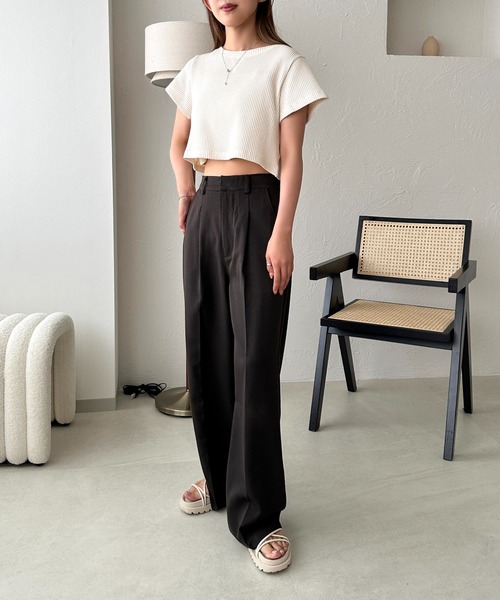 apres jour mignon（アプレジュールミニョン）の「ワッフルショートTシャツ【ZOZOTOWN限定アイテム】（Tシャツ/カットソー・レディース・アイボリー/ブラック系その他/ナチュラル・フリー/X-LARGE）」の7枚目の写真
