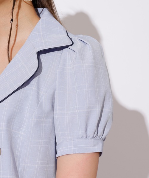 REDYAZEL（レディアゼル）の「チェックパイピングショートジャケット（スーツジャケット・レディース・オレンジ/ネイビー/サックスブルー・FREE）」の17枚目の写真