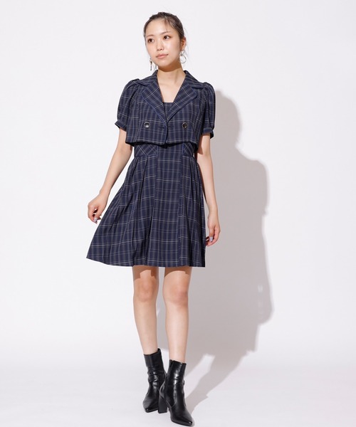 REDYAZEL（レディアゼル）の「チェックパイピングショートジャケット（スーツジャケット・レディース・オレンジ/ネイビー/サックスブルー・FREE）」の5枚目の写真