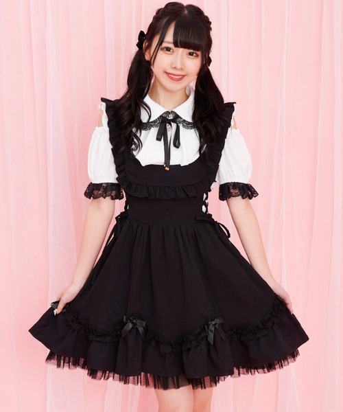 Secret Honey（シークレットハニー）の「レースアップフリルジャンパードレス（ワンピース・レディース・グレー/ブラック/ピンク・MEDIUM）」の2枚目の写真