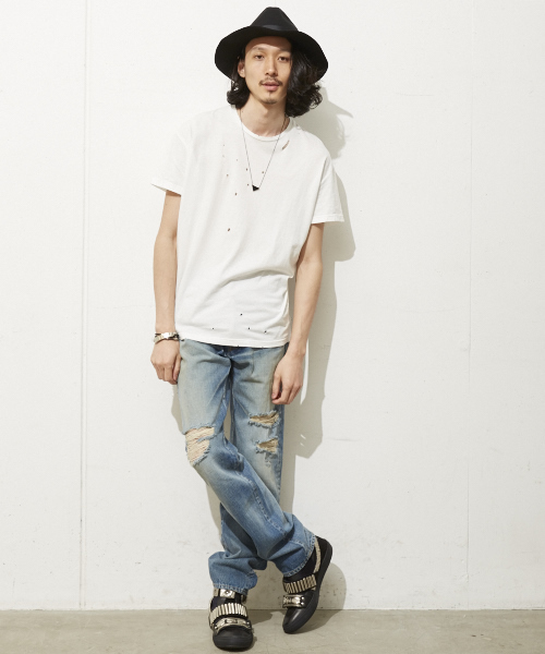 DIET BUTCHER（ダイエットブッチャー）の「DIET BUTCHER SLIM SKIN ルーズフィットダメージＴシャツ（Tシャツ/カットソー・メンズ・ホワイト/ブラック/カーキ・FREE）」の4枚目の写真