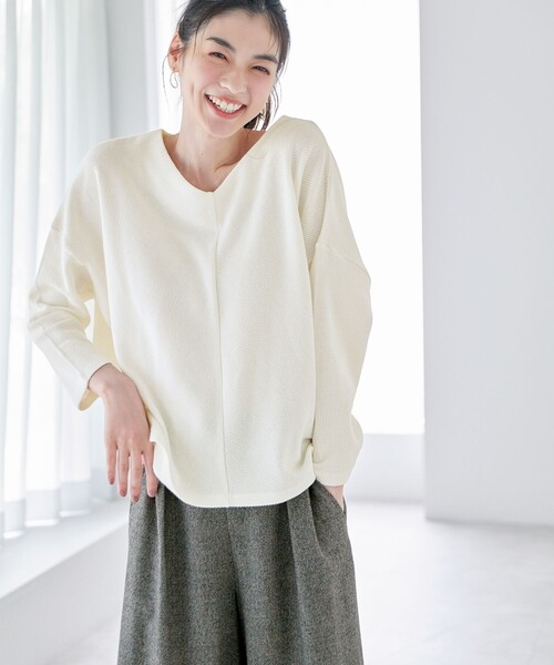 ANY(エニィ)の「【洗濯機可能】Vネックニットソー(Tシャツ/カットソー・レディース・ライトグレー系/ワイン系/グリーン系/アイボリー系・F)」の1枚目の写真