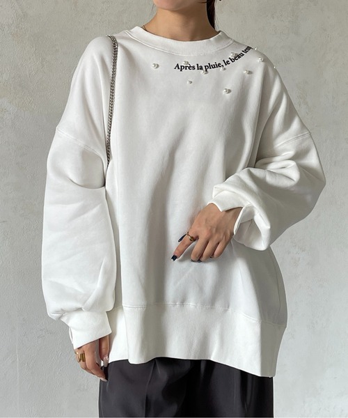 Thevon(ゼボン)の「パール×ネックロゴ裏起毛プルオーバー(Tシャツ/カットソー・レディース・チャコールグレー/オフホワイト/ライム・FREE)」の4枚目の写真