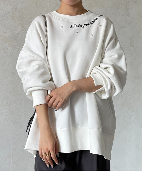 Thevon(ゼボン)の「パール×ネックロゴ裏起毛プルオーバー(Tシャツ/カットソー・レディース・チャコールグレー/オフホワイト/ライム・FREE)」の5枚目の写真