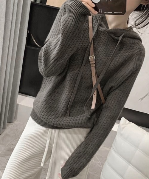 Miniministore(ミニミニストア)の「リブニットパーカーレディース韓国トップス(ニット/セーター・レディース・ダークグレー/ベージュ/ダークブラウン/ブルー/ブラック・フリー)」の3枚目の写真
