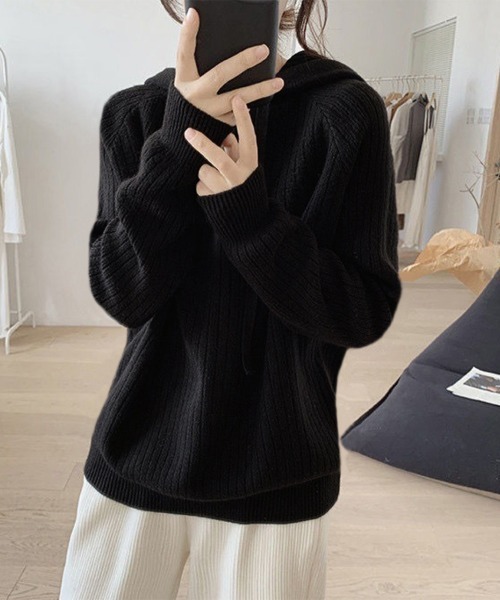 Miniministore(ミニミニストア)の「リブニットパーカーレディース韓国トップス(ニット/セーター・レディース・ダークグレー/ベージュ/ダークブラウン/ブルー/ブラック・フリー)」の7枚目の写真