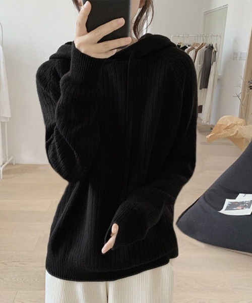 Miniministore(ミニミニストア)の「リブニットパーカーレディース韓国トップス(ニット/セーター・レディース・ダークグレー/ベージュ/ダークブラウン/ブルー/ブラック・フリー)」の8枚目の写真