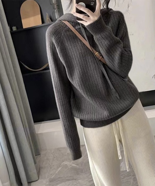 Miniministore(ミニミニストア)の「リブニットパーカーレディース韓国トップス(ニット/セーター・レディース・ダークグレー/ベージュ/ダークブラウン/ブルー/ブラック・フリー)」の10枚目の写真