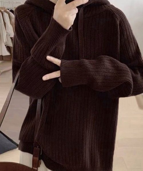 Miniministore(ミニミニストア)の「リブニットパーカーレディース韓国トップス(ニット/セーター・レディース・ダークグレー/ベージュ/ダークブラウン/ブルー/ブラック・フリー)」の14枚目の写真