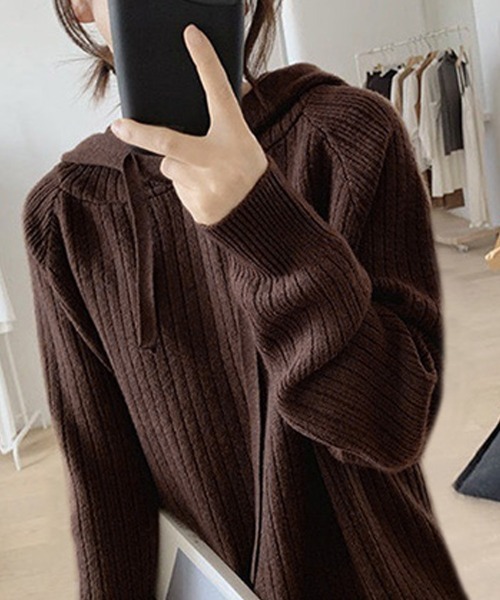 Miniministore(ミニミニストア)の「リブニットパーカーレディース韓国トップス(ニット/セーター・レディース・ダークグレー/ベージュ/ダークブラウン/ブルー/ブラック・フリー)」の16枚目の写真