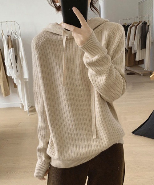 Miniministore(ミニミニストア)の「リブニットパーカーレディース韓国トップス(ニット/セーター・レディース・ダークグレー/ベージュ/ダークブラウン/ブルー/ブラック・フリー)」の17枚目の写真