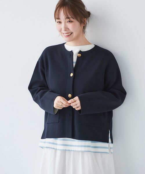 le.coeur blanc(ルクールブラン)の「ミラノリブニットジャケット(その他アウター・レディース・ネイビー/オフホワイト/サックスブルー・38)」の5枚目の写真