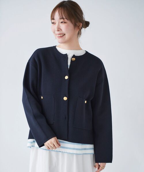 le.coeur blanc(ルクールブラン)の「ミラノリブニットジャケット(その他アウター・レディース・ネイビー/オフホワイト/サックスブルー・38)」の6枚目の写真