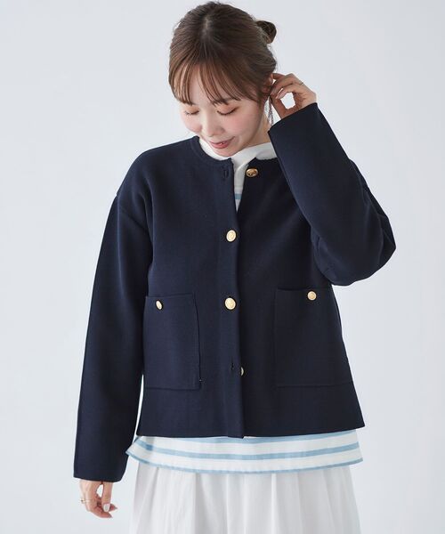 le.coeur blanc(ルクールブラン)の「ミラノリブニットジャケット(その他アウター・レディース・ネイビー/オフホワイト/サックスブルー・38)」の8枚目の写真