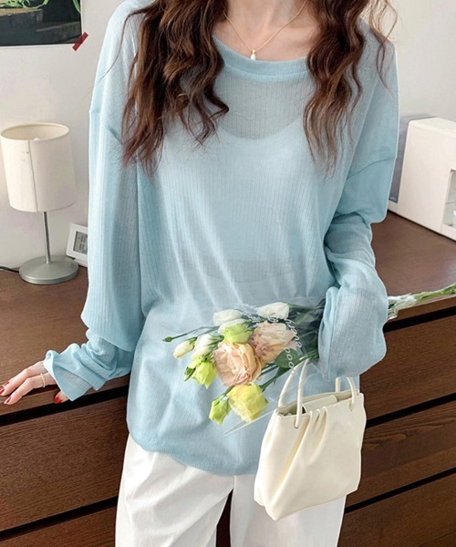 Miniministore(ミニミニストア)の「シアーライトニット レディースレイヤード(Tシャツ/カットソー・レディース・ホワイト/ブラック/アイボリー/ライトブルー/ピンク/グレー・FREE)」の1枚目の写真