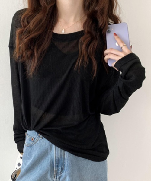 Miniministore(ミニミニストア)の「シアーライトニット レディースレイヤード(Tシャツ/カットソー・レディース・ホワイト/ブラック/アイボリー/ライトブルー/ピンク/グレー・FREE)」の4枚目の写真