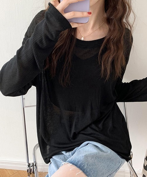 Miniministore(ミニミニストア)の「シアーライトニット レディースレイヤード(Tシャツ/カットソー・レディース・ホワイト/ブラック/アイボリー/ライトブルー/ピンク/グレー・FREE)」の18枚目の写真