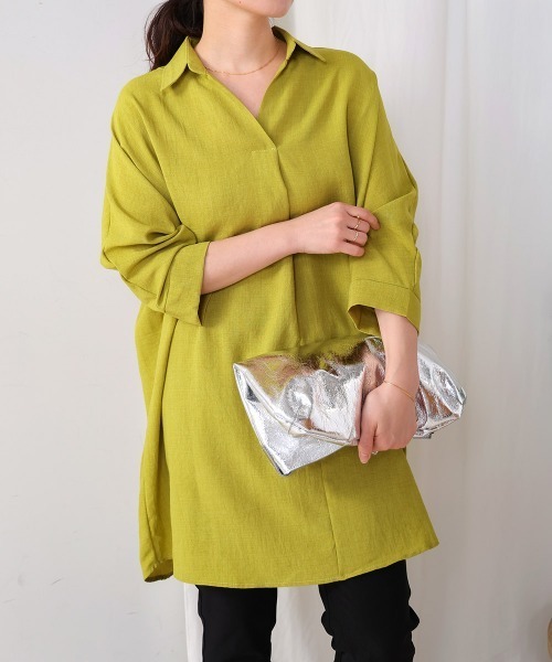 Bou Jeloud（ブージュルード）の「麻ライクシャツワンピース（シャツワンピース・レディース・ブルー/ホワイト/グリーン/ブラック/ブルーグリーン/オレンジ・FREE）」の4枚目の写真