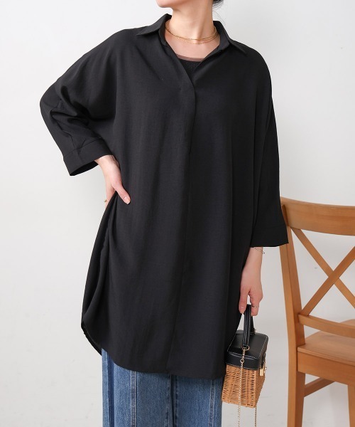 Bou Jeloud（ブージュルード）の「麻ライクシャツワンピース（シャツワンピース・レディース・ブルー/ホワイト/グリーン/ブラック/ブルーグリーン/オレンジ・FREE）」の3枚目の写真