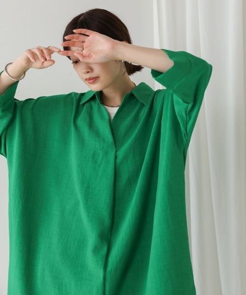 Bou Jeloud（ブージュルード）の「麻ライクシャツワンピース（シャツワンピース・レディース・ブルー/ホワイト/グリーン/ブラック/ブルーグリーン/オレンジ・FREE）」の7枚目の写真