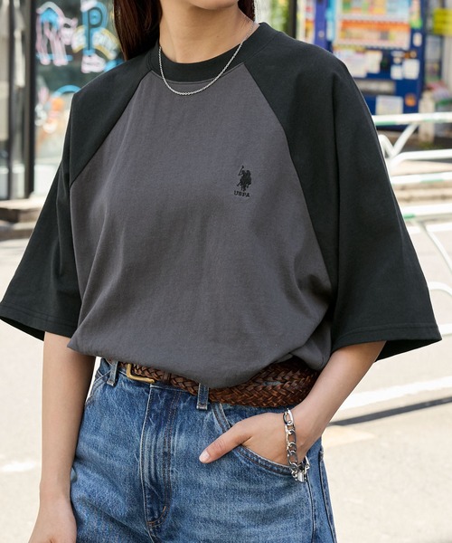 U.S.POLOASSN./ユーエスポロアッスン別注ワンポイント刺繍ラグラン配色オーバーサイズ半袖Tシャツ