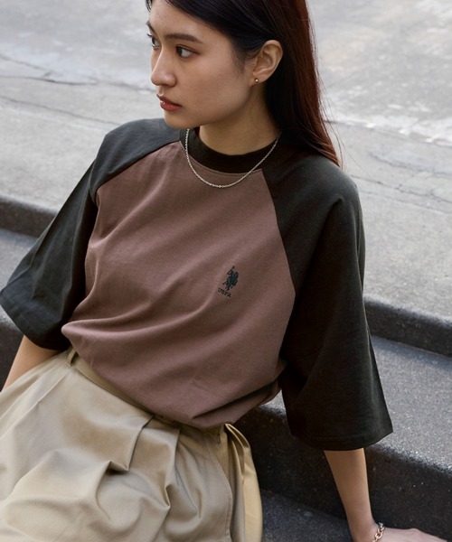 U.S.POLOASSN./ユーエスポロアッスン別注ワンポイント刺繍ラグラン配色オーバーサイズ半袖Tシャツ