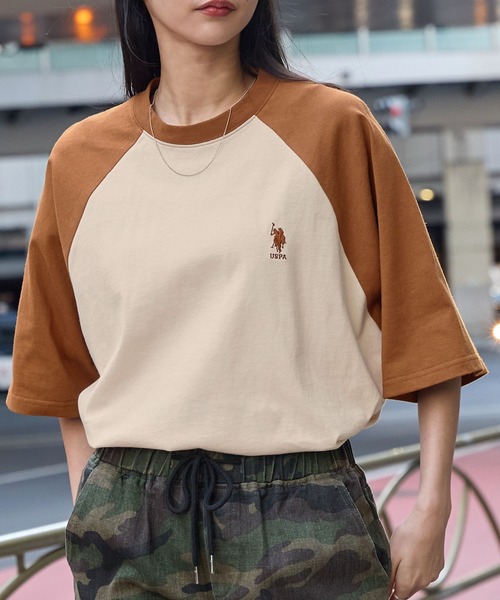 U.S.POLOASSN./ユーエスポロアッスン別注ワンポイント刺繍ラグラン配色オーバーサイズ半袖Tシャツ