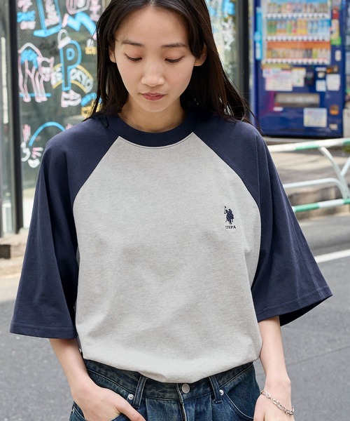U.S.POLOASSN./ユーエスポロアッスン別注ワンポイント刺繍ラグラン配色オーバーサイズ半袖Tシャツ