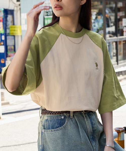 U.S.POLOASSN./ユーエスポロアッスン別注ワンポイント刺繍ラグラン配色オーバーサイズ半袖Tシャツ