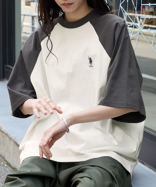 U.S.POLOASSN./ユーエスポロアッスン別注ワンポイント刺繍ラグラン配色オーバーサイズ半袖Tシャツ