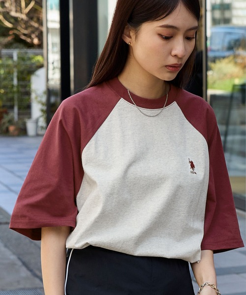 U.S.POLOASSN./ユーエスポロアッスン別注ワンポイント刺繍ラグラン配色オーバーサイズ半袖Tシャツ
