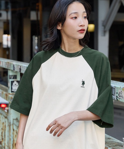 U.S.POLOASSN./ユーエスポロアッスン別注ワンポイント刺繍ラグラン配色オーバーサイズ半袖Tシャツ