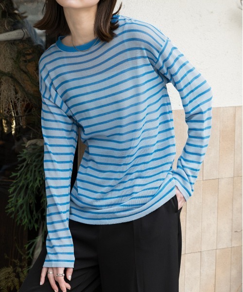 ad thie(アドティエ)の「カラーボーダー シアープルオーバー(Tシャツ/カットソー・レディース・ブラック/ブルー/オレンジ/ピンク/グリーン・FREE)」の4枚目の写真