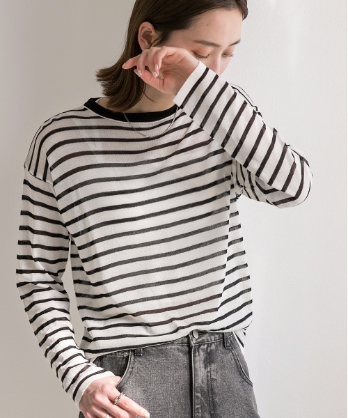 ad thie(アドティエ)の「カラーボーダー シアープルオーバー(Tシャツ/カットソー・レディース・ブラック/ブルー/オレンジ/ピンク/グリーン・FREE)」の7枚目の写真