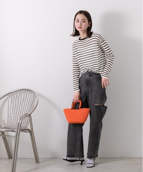 ad thie(アドティエ)の「カラーボーダー シアープルオーバー(Tシャツ/カットソー・レディース・ブラック/ブルー/オレンジ/ピンク/グリーン・FREE)」の8枚目の写真
