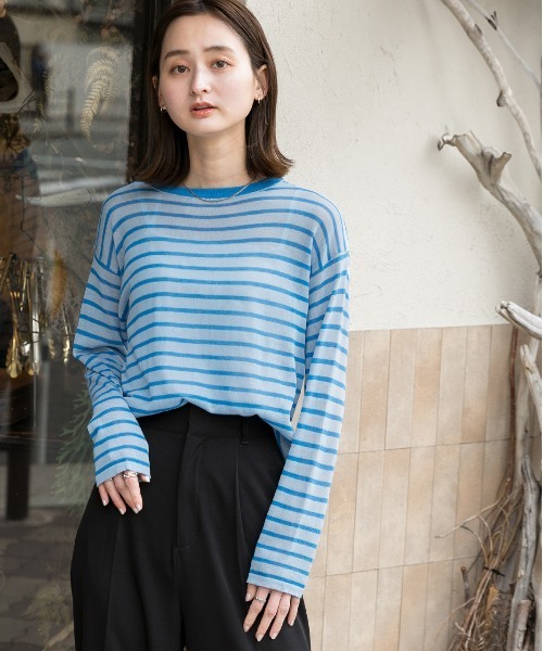 ad thie(アドティエ)の「カラーボーダー シアープルオーバー(Tシャツ/カットソー・レディース・ブラック/ブルー/オレンジ/ピンク/グリーン・FREE)」の16枚目の写真