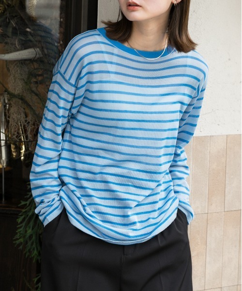 ad thie(アドティエ)の「カラーボーダー シアープルオーバー(Tシャツ/カットソー・レディース・ブラック/ブルー/オレンジ/ピンク/グリーン・FREE)」の17枚目の写真