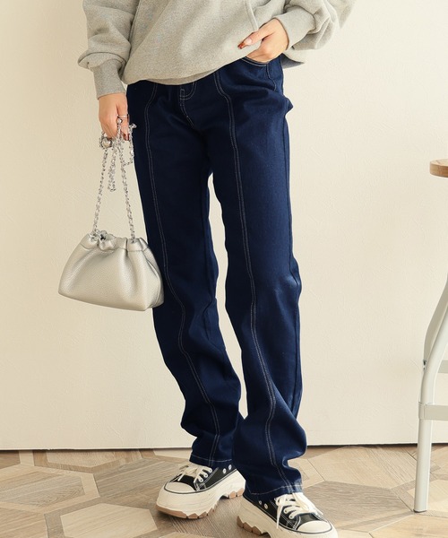 Doula Doula（ドゥーラドゥーラ）の「フロントラインハイウエストデニム（デニムパンツ・レディース・ライトブルー/ブルー/インディゴブルー・S/M/L）」の2枚目の写真