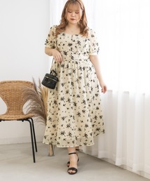 袖リボンフロッキー花柄シアーワンピース