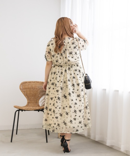 CLETTEオリジナル★袖リボンフロッキー花柄シアーワンピース クレット 袖リボンフロッキー花柄シアーワンピース（ワンピース）｜CLETTE